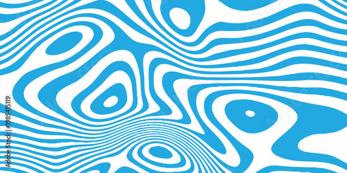 Dynamic blue and white background optical illusion of distorted surface with flowing wave motion and energetic depth effect, dynamic background