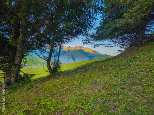 Serene mountain landscape with tents and trees in Kyrgyzstan