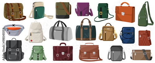 Various mens bags set shown in simple graphic style on white background representing accessories concept. Vector illustration