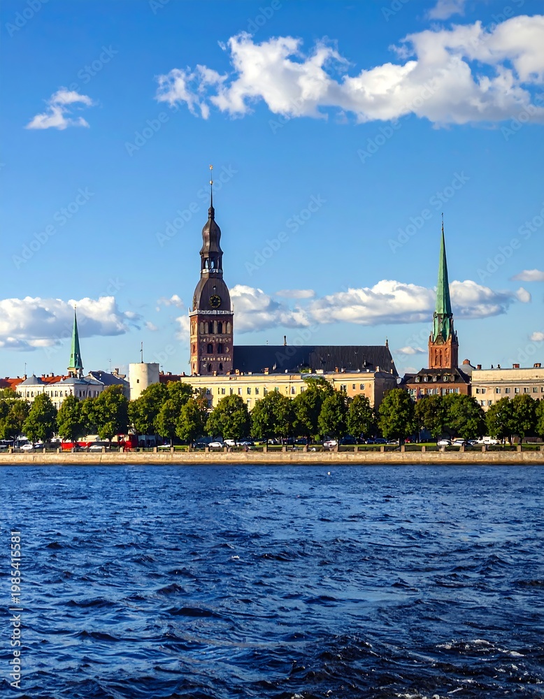Fototapeta premium A serene cityscape with a large body of water and historic buildings