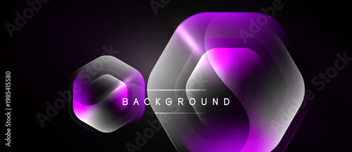 Abstract hexagons, purple gradients, glossy texture. Dark background creates vibrant visual impact. Modern design element.