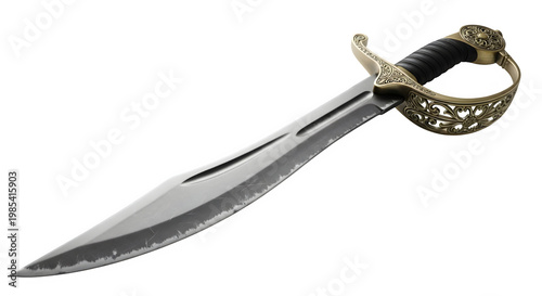 Elegant sword with intricate gold hilt and scratched blade design