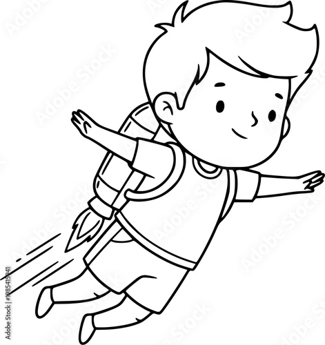 Cute Kid Flying with jetpack Line Art Black and White Cartoon Character Imagination Dream Concept Illustration
