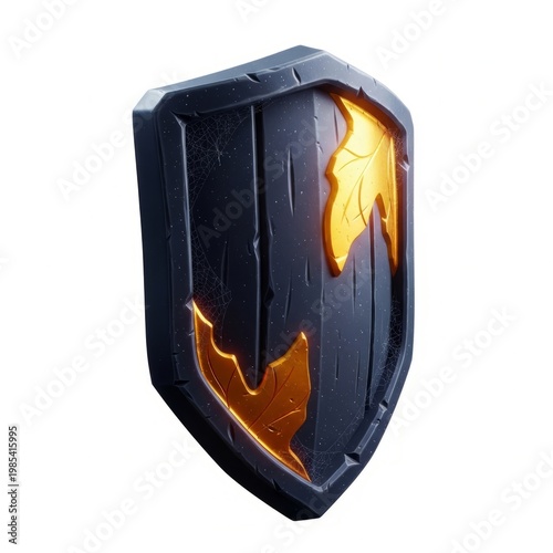 Dark Wood Shield With Glowing Golden Autumn Leaves And Sparkles Isolated On White