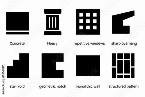 Brutalist Icon Set. Brutalist Symmetry. Filled icon set of Brutalist Symmetry: concrete block, heavy column,
