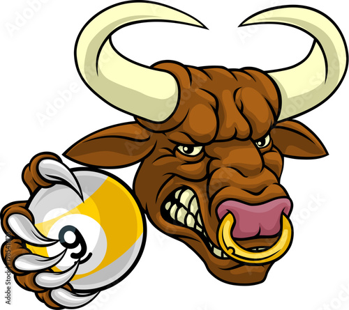 Cartoon bull sports team mascot holding a billiards pool 9 ball or nine ball.