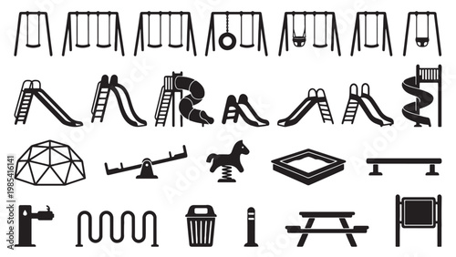 Children Playground Equipment Silhouette Set for Park Design, School Facility Planning, Outdoor Recreation and Landscape Architecture Projects