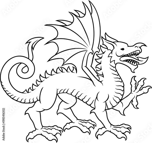 A stylised heraldry coat of arms crest style Welsh dragon in passant walking pose