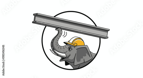 Dynamic gray elephant wearing a yellow safety hard hat powerfully lifting a heavy steel I-beam, symbolizing robust construction and reliable industrial strength