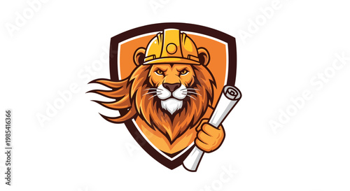 Heraldic construction lion wearing a hard hat and holding blueprints, symbolizing strength and expertise in engineering and architecture projects