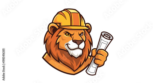 Illustration of a strong lion wearing a construction helmet and holding blueprints, representing strength and planning in building projects