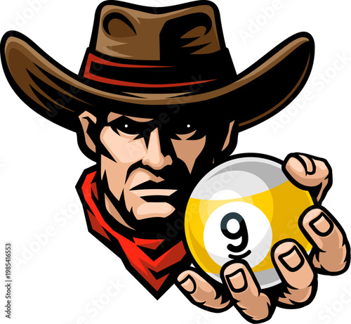 Cartoon cowboy sports team mascot holding a billiards pool 9 ball or nine ball.