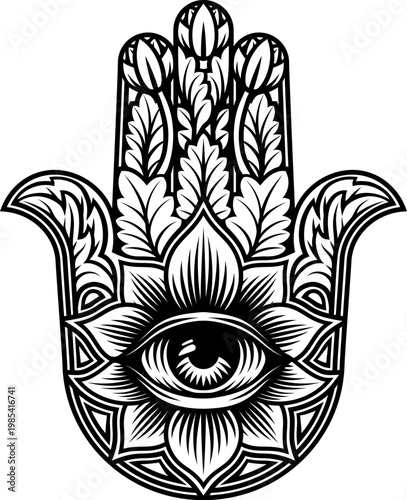 Hamsa, khamsa, khmisa, kef Miryam or hand of fatima with all seeing eye evil eye protection amulet design. Black and white vintage woodcut etching or engraving style spiritual protection symbol.