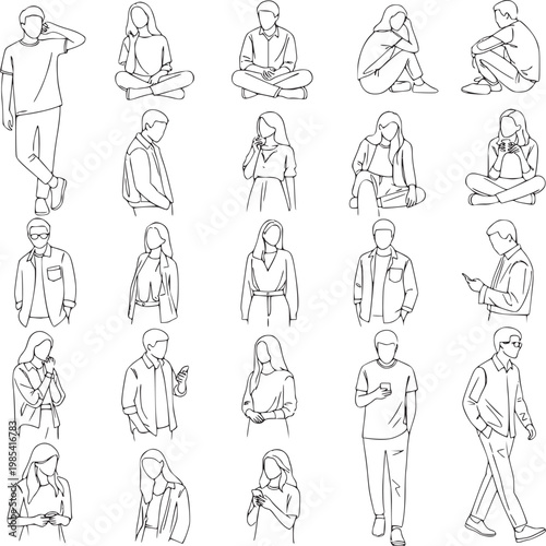 Minimalist line art people collection, 25 hand drawn human figures in black and white eps format, architectural scale figures for urban design