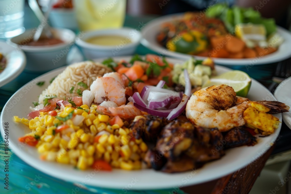 Fototapeta premium Close up of a vibrant mixed seafood plate featuring grilled shrimps, rice, corn, fresh vegetables, and lime, served in a restaurant setting