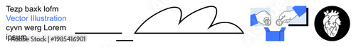 Business transactions, teamwork, environmental concerns, anatomy, security, creative design. Line art cloud, hands exchanging keys and black and white anatomical heart symbol. Business and security