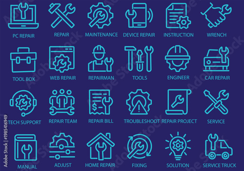 Repair line icon set. Editable Stroke. Maintenance, wrench, fixing, service, tools, repairman, engineer, troubleshoot - stock vector.