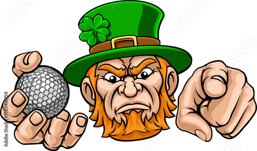 An angry Leprechaun Celtic Irish cartoon character holding Golf ball and pointing sports team mascot illustration.