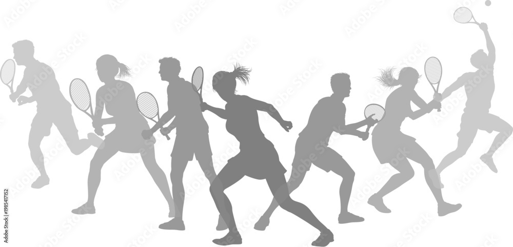 Fototapeta premium Silhouette Tennis players set. Active sports people healthy players fitness silhouettes concept.