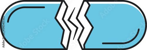 Light blue medical capsule icon broken in two, symbolizing a precise dosage division, pharmaceutical issue, or healthcare concept.