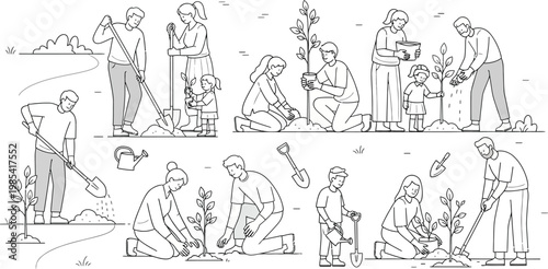 Individuals and families are actively planting new trees and seedlings, demonstrating community involvement, environmental conservation, and dedicated care for a greener future.