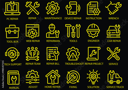 Repair line icon set. Editable Stroke. Maintenance, wrench, fixing, service, tools, repairman, engineer, troubleshoot - stock vector.