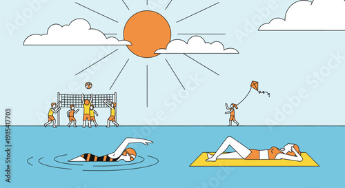 People enjoying a vibrant summer day outdoors, actively engaged in diverse leisure activities including swimming, sunbathing, beach volleyball, and kite flying.