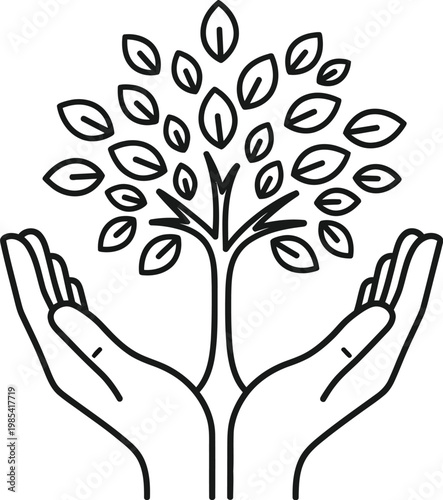 Cupped hands gently cradle a vibrant tree illustration, representing vital concepts of environmental care, protection, sustainability, and the importance of ecological growth.