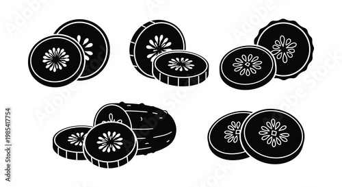 Sliced cucumbers and a whole cucumber presented in black silhouette