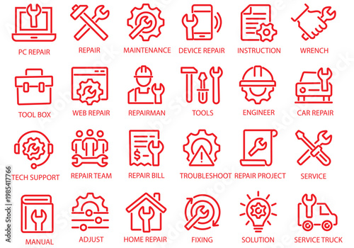 Repair line icon set. Editable Stroke. Maintenance, wrench, fixing, service, tools, repairman, engineer, troubleshoot - stock vector.