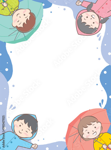傘をさす合羽姿の子供たちのフレーム　梅雨　雨の日