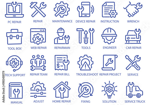 Repair line icon set. Editable Stroke. Maintenance, wrench, fixing, service, tools, repairman, engineer, troubleshoot - stock vector.