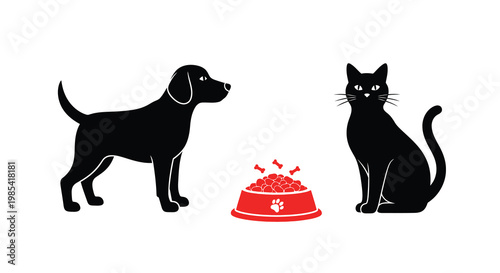 A dog and cat gaze at food a striking black silhouette