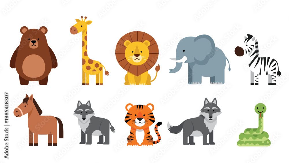 Fototapeta premium Comprehensive set of ten adorable cartoon animal characters representing wild and domestic species from all around the world.