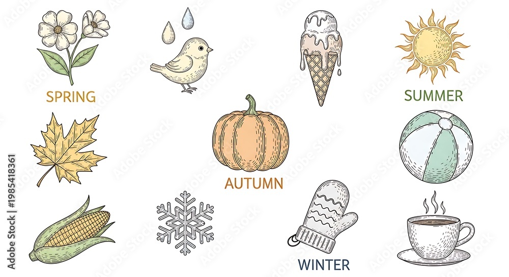 Fototapeta premium Seasonal vector illustration of spring, summer, autumn, and winter with symbolic graphics