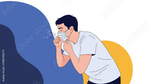 Illustration of a man wearing a protective face mask while coughing representing illness or health symptoms.