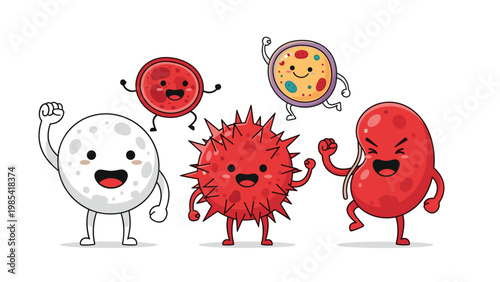 Set of fun cartoon characters representing human blood cells and a kidney depicted in happy and strong poses.