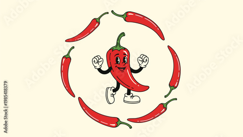 Cute red chili pepper mascot flexing its muscles and posing inside a circle of smaller chili peppers in a vintage cartoon character art style.