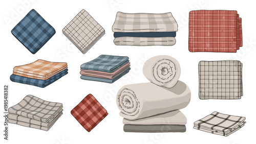 Selection of folded and rolled checkered and striped fabric towels in various colors like blue red and beige on a white background for home use.