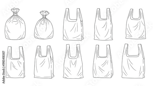 Set of ten simple black and white line drawings depicting different types of plastic bags like tied trash bags and handle shopping bags for retail.