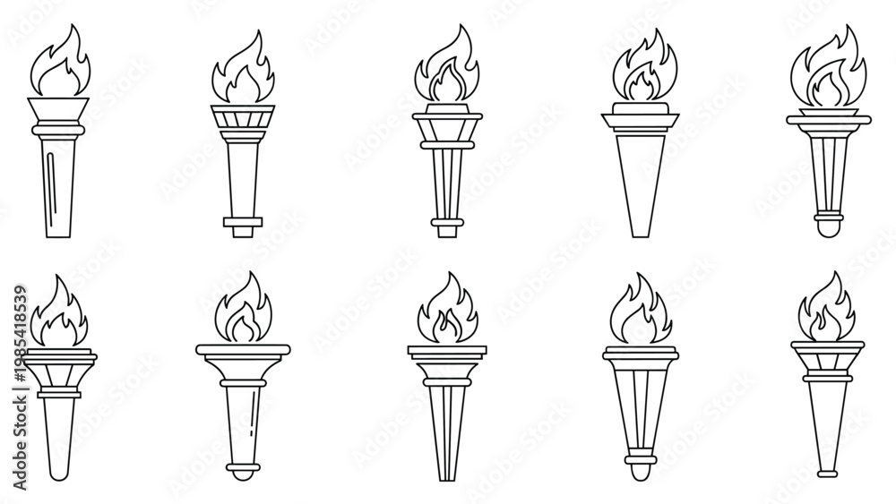 Fototapeta premium Variety of olympic style torch illustrations with burning flames shown in a simple black and white line art style.
