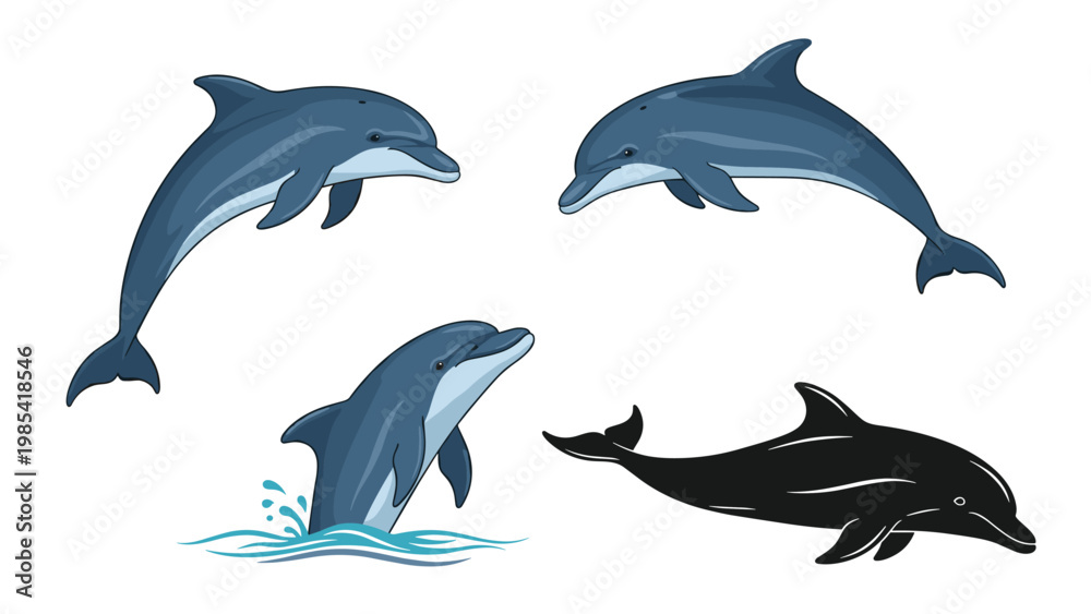 Obraz premium Dynamic illustrations of dolphins jumping out of the water and swimming alongside a solid black dolphin silhouette.