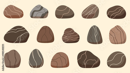 Selection of fifteen smooth river stones in various shades of brown and grey with unique white vein patterns for natural decor and spa treatment needs.