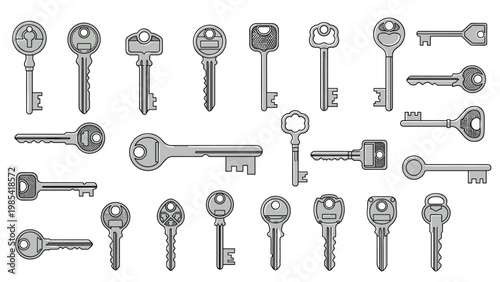 Extensive collection of various metal key designs from old fashioned skeleton keys to modern security keys.