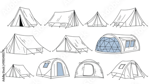 Detailed line art collection of various camping tent styles including a frame, dome, and large family sized tents.