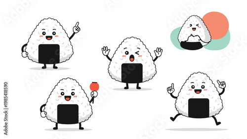 Playful set of cartoon onigiri characters with cute faces and limbs performing various actions like waving and jumping.