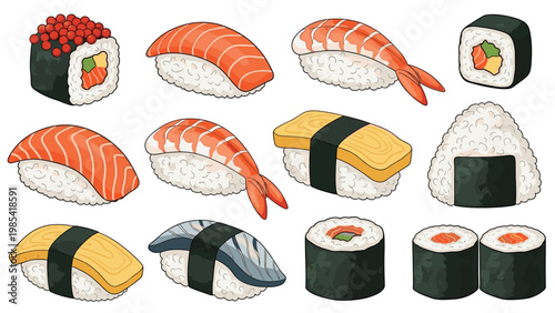 Delicious assortment of various sushi types including nigiri, rolls, onigiri, and sashimi beautifully illustrated.