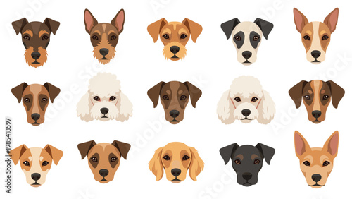 Diverse collection of fifteen dog head illustrations featuring various breeds with different fur colors and ear shapes.