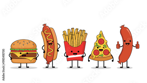 Group of adorable cartoon fast food characters including a happy burger, hot dog, fries, pizza slice, and sausage.