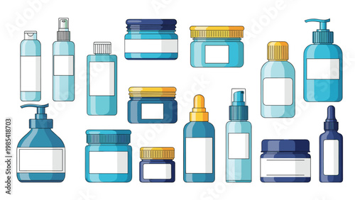 Extensive set of cosmetic and skincare product containers in blue and gold including jars, pump bottles, and sprayers.